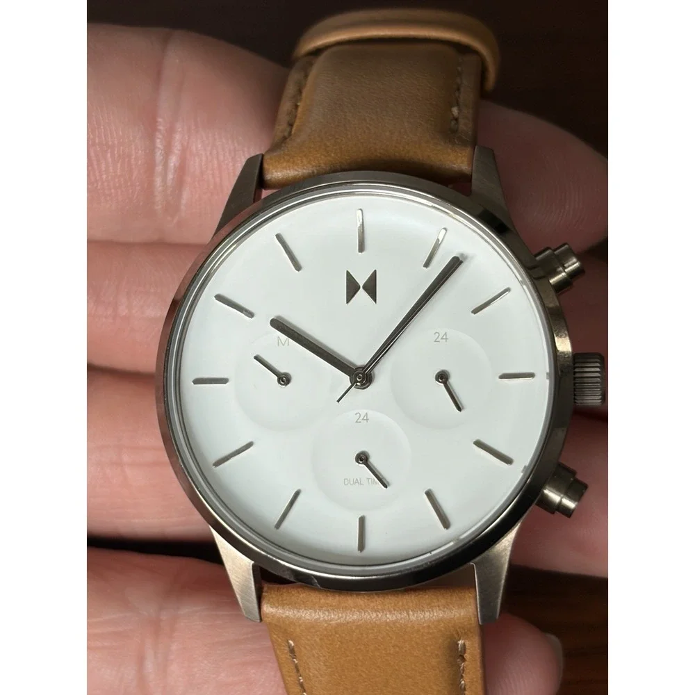 MVMT Duet Chronograph Watch Brown Leather Band Women Classy Analog Needs Battery
